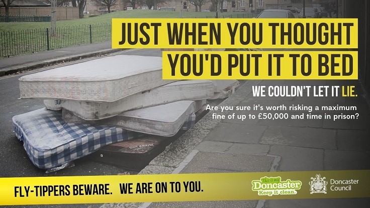 Fly-Tippers Beware Poster showing abandoned Mattress